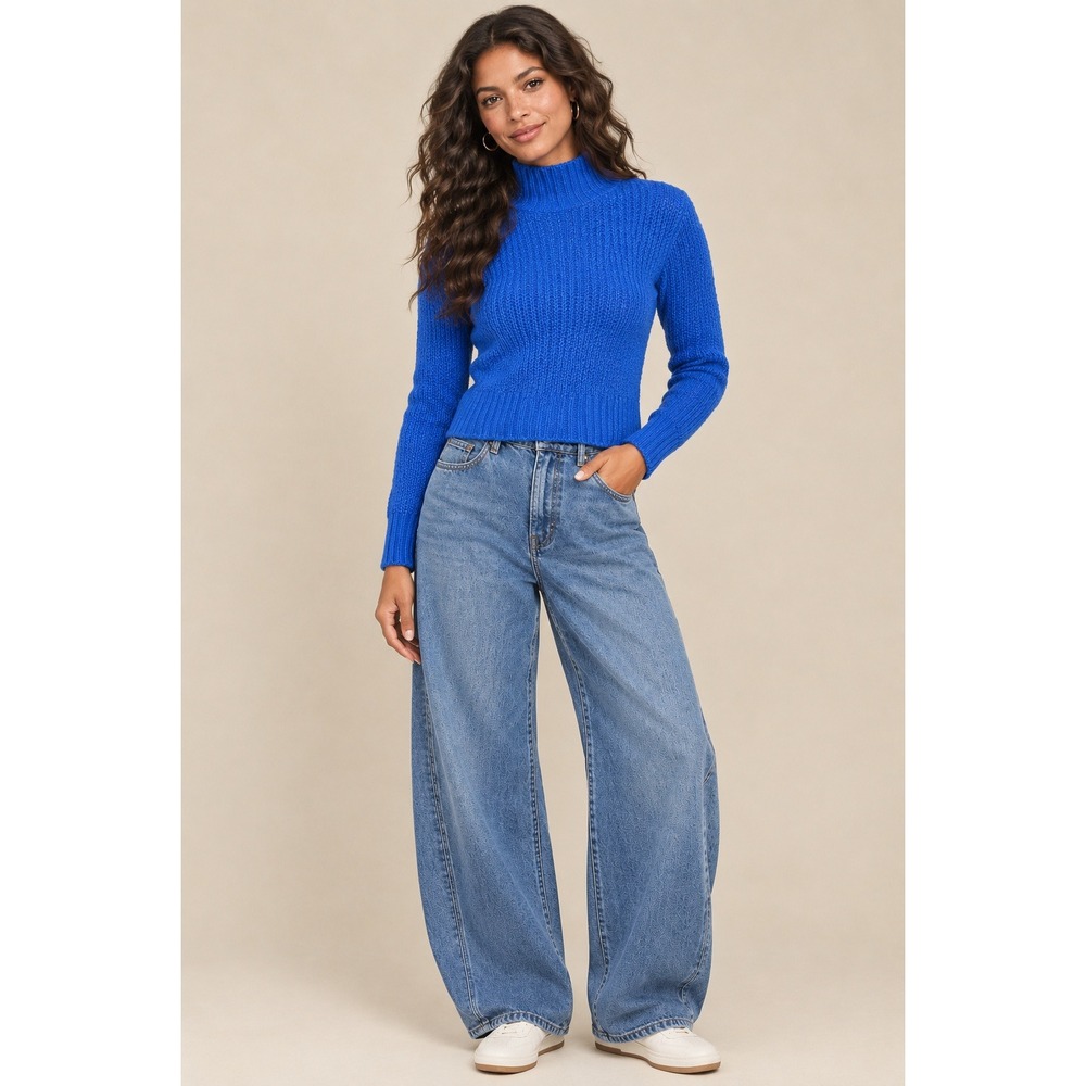 Anthropologie Sweater Sz M Cobalt Blue Chunky Knit Mock Neck Cropped Fit Preppy
